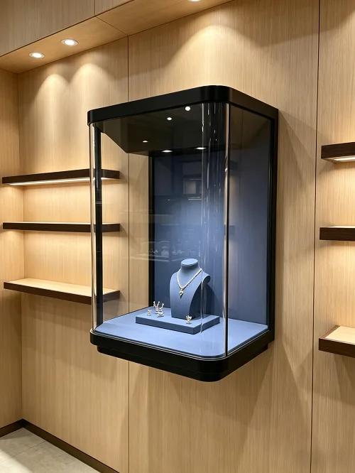 黑色弧形玻璃外挂珠宝展示柜 轻奢壁挂式高奢首饰陈列柜定制