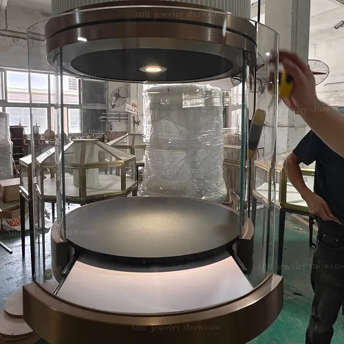 圆柱玻璃珠宝展柜 360°全景展示 玫瑰金不锈钢高端定制款