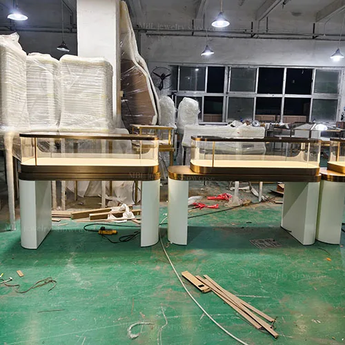 珠宝店专用弧形玻璃展柜 LED发光首饰展示台 玫瑰金轻奢款