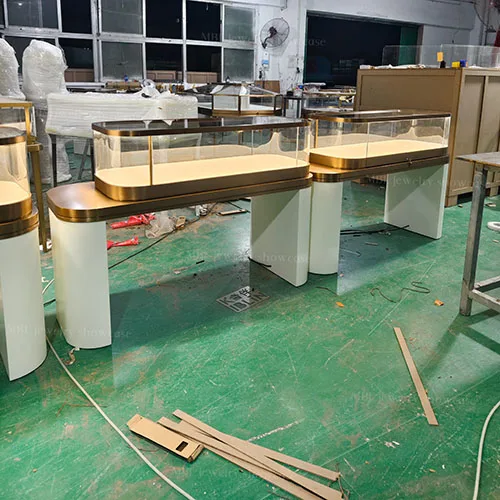 珠宝店专用弧形玻璃展柜 LED发光首饰展示台 玫瑰金轻奢款