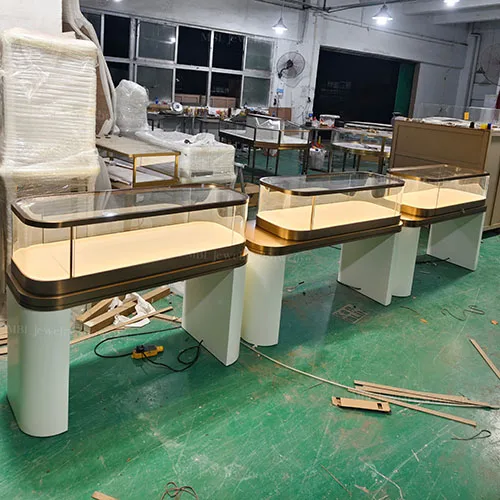珠宝店专用弧形玻璃展柜 LED发光首饰展示台 玫瑰金轻奢款