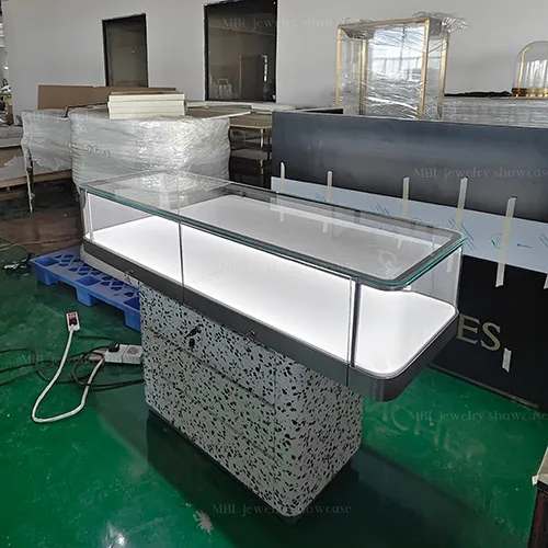 极简水磨石珠宝柜台 高端首饰店玻璃展柜 奢侈品门店定制陈列柜