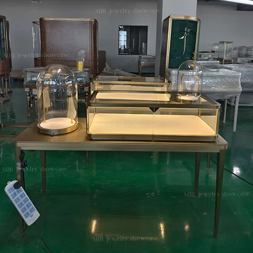 拉丝香槟金高端珠宝展示柜 轻奢玻璃罩组合珠宝销售柜 品牌门店LED展柜源头工厂