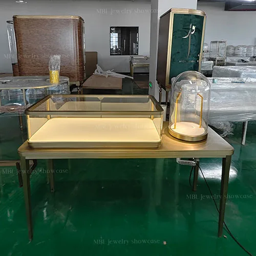 拉丝香槟金高端珠宝展示柜 轻奢玻璃罩组合珠宝销售柜 品牌门店LED展柜源头工厂