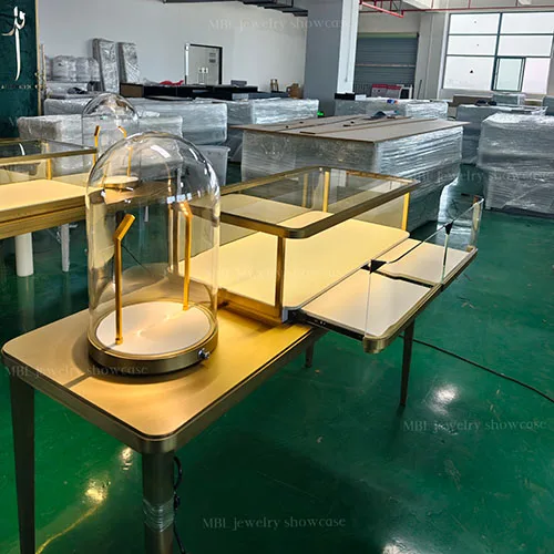 拉丝香槟金高端珠宝展示柜 轻奢玻璃罩组合珠宝销售柜 品牌门店LED展柜源头工厂