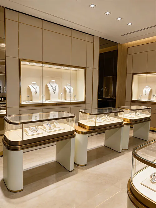 珠宝店专用弧形玻璃展柜 LED发光首饰展示台 玫瑰金轻奢款