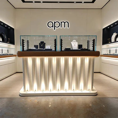 APM同款高端珠宝中岛展柜定制 | 发光圆柱玻璃首饰展示柜 | 奢侈品门店中心陈列柜源头工厂