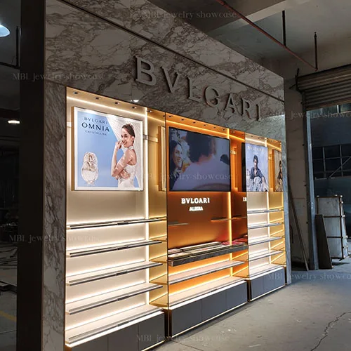 BVLGARI同款奢侈品香水展柜定制 | 大理石纹背柜香水展示柜 | 品牌美妆门店整店陈列柜源头工厂