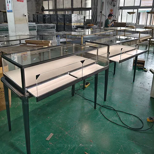 拉丝黑钛金珠宝展柜 极简LED玻璃珠宝销售柜 高端门店成品展示柜