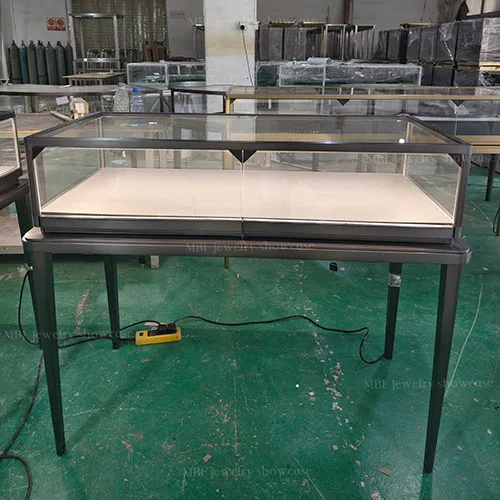 拉丝黑钛金珠宝展柜 极简LED玻璃珠宝销售柜 高端门店成品展示柜