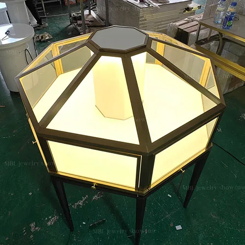 轻奢香槟金六边形珠宝展柜 品牌店钻石黄金饰品陈列柜