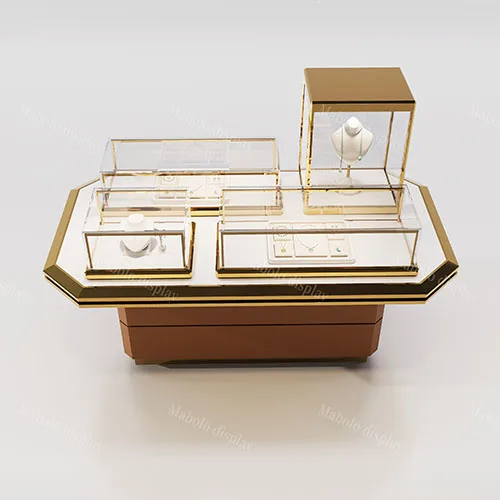 高端不锈钢镀金珠宝中岛台 多格组合式饰品展示柜
