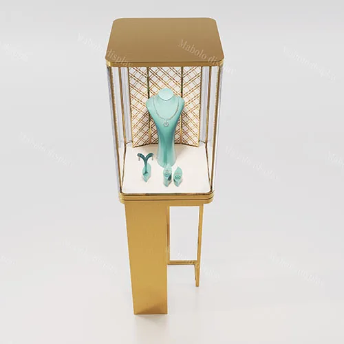 轻奢金色高脚珠宝展柜 | 玻璃罩独立项链展示柜定制