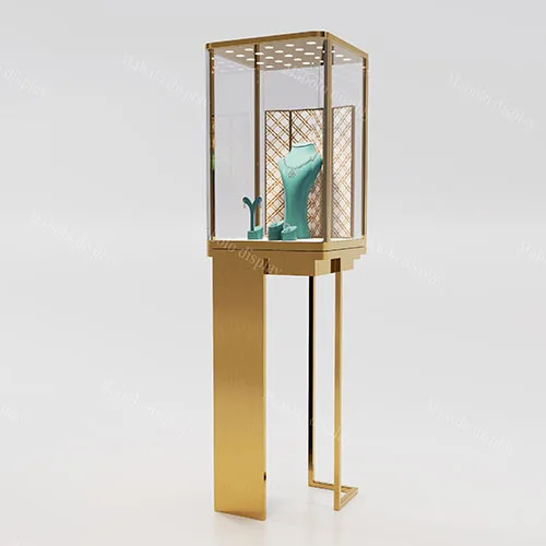 轻奢金色高脚珠宝展柜 | 玻璃罩独立项链展示柜定制
