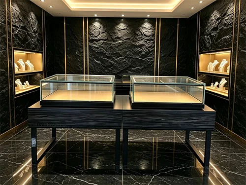 黑色木纹珠宝销售柜定制 玻璃LED展示柜 轻奢首饰店专用柜台