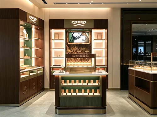 CREED同款香水背柜+中岛柜 | 木纹轻奢香水展示柜 | 奢侈品香水店整店展柜定制