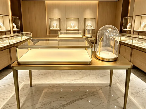 拉丝香槟金高端珠宝展示柜 轻奢玻璃罩组合珠宝销售柜 品牌门店LED展柜源头工厂