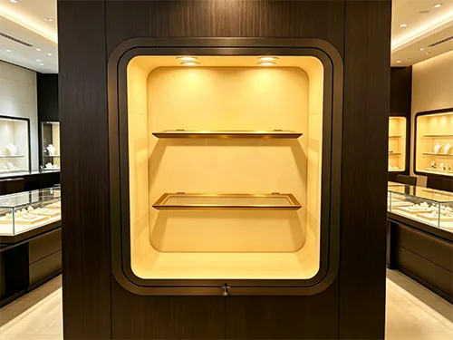 香槟金圆角嵌入式壁龛珠宝展示柜 轻奢分层灯光陈列柜定制