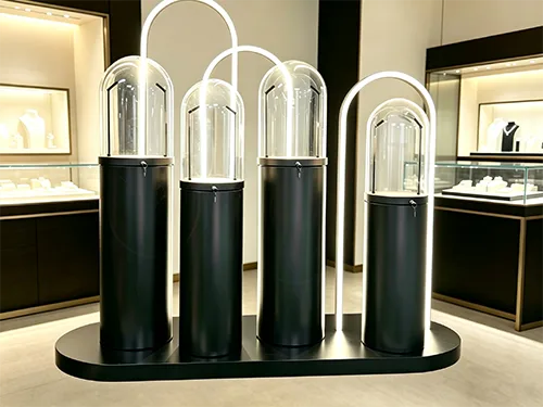 艺术感组合式圆柱珠宝展柜 轻奢黑色玻璃珠宝展示柜 商场门店专用