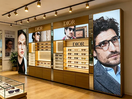 奢侈品眼镜展柜定制 | DIOR同款木纹眼镜展示柜 | 品牌门店眼镜陈列柜源头工厂