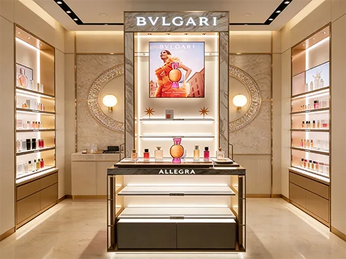 奢侈品香水展柜定制 | BVLGARI同款大理石纹香水展示柜 | 品牌美妆陈列柜源头工厂