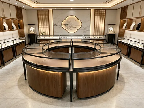 原木风弧形珠宝中岛柜 打造门店自然质感首饰展示区