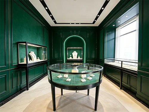 墨绿丝绒圆形珠宝中岛柜 打造门店复古高奢首饰展示台